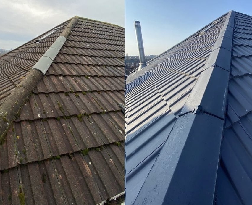 Re-roof — before and after, old red tiles replaced with dark interlocking tiles