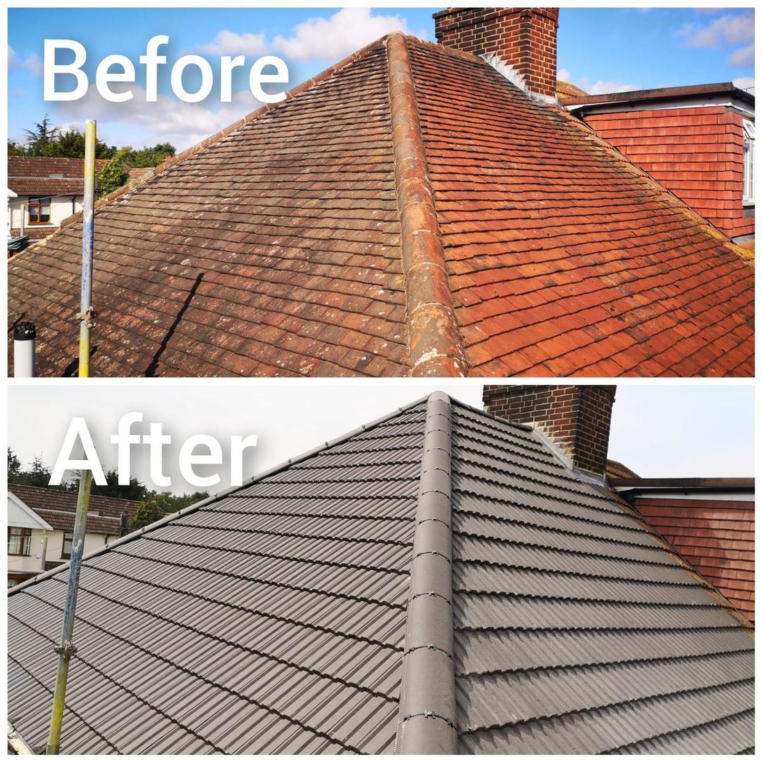 Full re-roof — old red clay tiles replaced with dark interlocking tiles