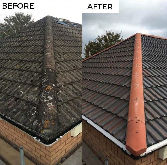 Ridge tiles replaced — moss-covered before next to clean dark tiles after